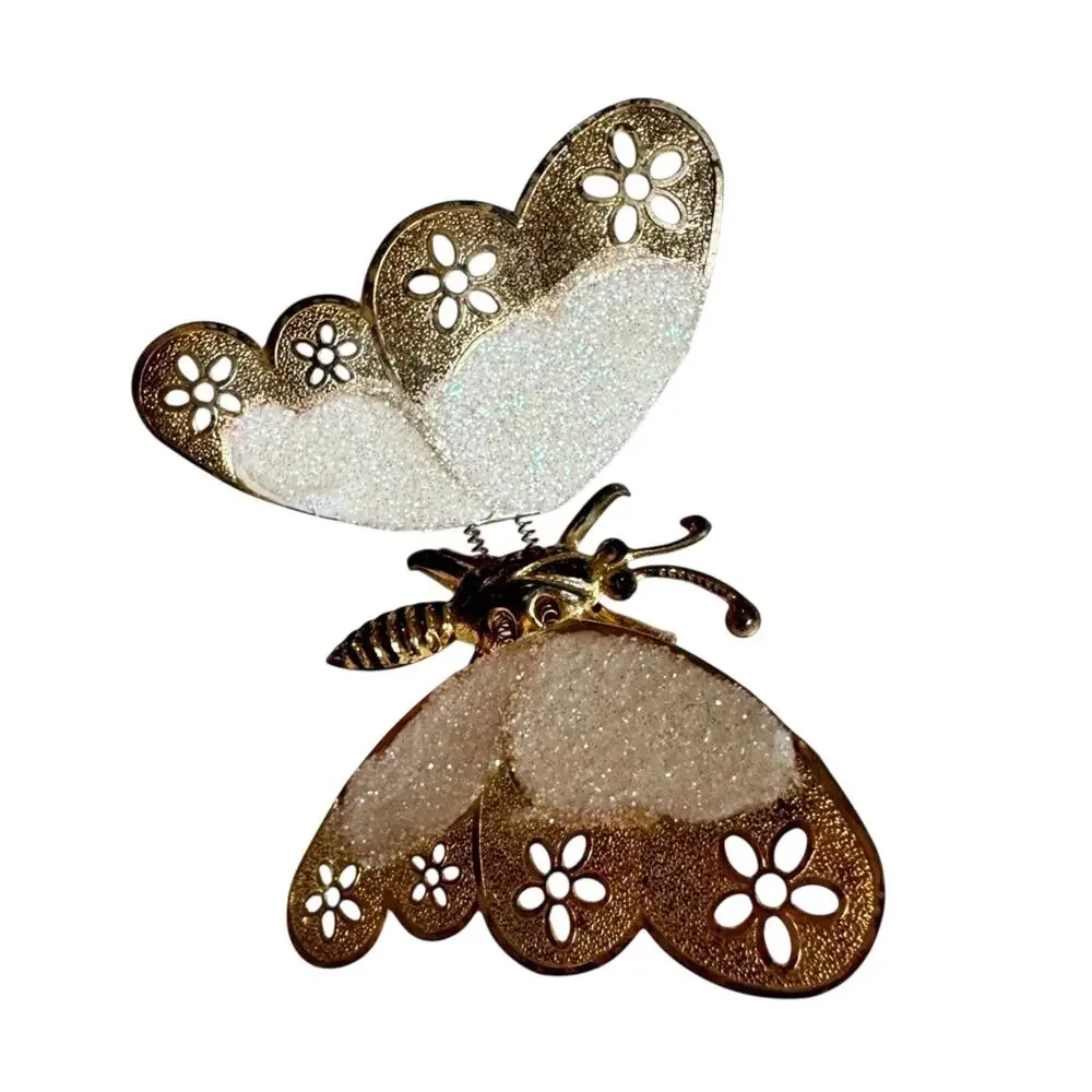 Vintage Gold Tone White Glitter Butterfly Brooch W/ Springs Moving Wings Estate